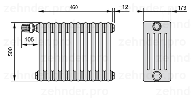 Схема (чертеж) Радиатор Zehnder Charleston 5050/10 №V012 Белый глянцевый RAL 9016